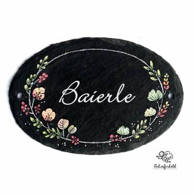 Schiefertürschild oval handbemalt Blumenranke pastell mit Silber Nachname personalisiert