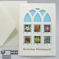Klappkarte mit Umschlag Herzlichen Glückwunsch, Briefmarke Blüten Kosmee, upcycling Bild 1