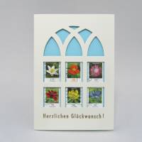Klappkarte mit Umschlag Herzlichen Glückwunsch, Briefmarke Blüten Kosmee, upcycling Bild 2