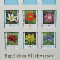 Klappkarte mit Umschlag Herzlichen Glückwunsch, Briefmarke Blüten Kosmee, upcycling Bild 3