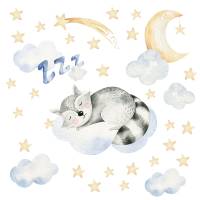182 Wandtattoo Waldfreunde Waschbär auf Wolke mit Mond und Sternen - in 6 Größen - schöne Kinderzimmer Sticker Bild 2