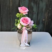 Tischgesteck, Tischdeko, Gesteck, rosa Rosen, elegant Bild 2