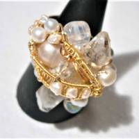 Ring pastell Kristallspitze gelb Perlen weiß verstellbar handgewebt goldfarben boho Bild 7
