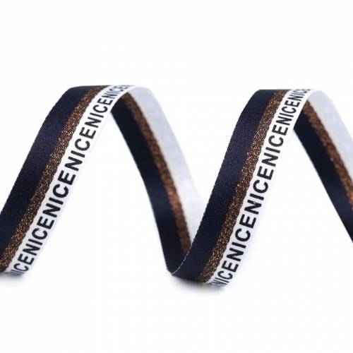 Webband, 16 mm Borte, blau kupfer weiß gestreift, Aufschrift "nice", Meterware