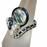 Abalone Spiralring Seeopal Regenbogen verstellbar Ring mit Keshi und Opal der Meere silberfarben Bild 1