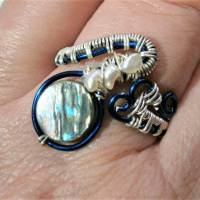 Abalone Spiralring Seeopal Regenbogen verstellbar Ring mit Keshi und Opal der Meere silberfarben Bild 3