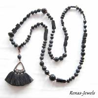 Bettelkette Kette schwarz kupferfarben mit Quasten Anhänger Perlenkette Bohokette Bild 5