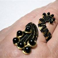 Ring verstellbar schwarz mit Onyx handgewebt Gothic im Spiralring goldfarben Bild 9