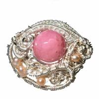 Ring rosa verstellbar handgefertigt mit pink Achat und Keshi rosa Unikat silberfarben Bild 1