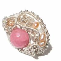 Ring rosa verstellbar handgefertigt mit pink Achat und Keshi rosa Unikat silberfarben Bild 2