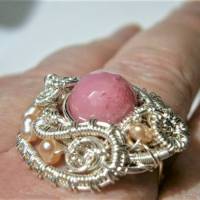 Ring rosa verstellbar handgefertigt mit pink Achat und Keshi rosa Unikat silberfarben Bild 3