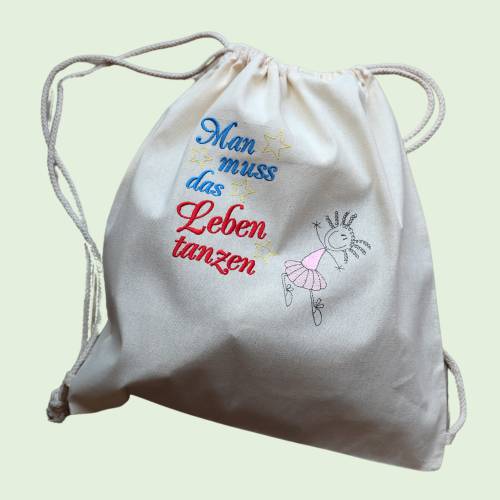 Baumwoll-Rucksack mit einem kreativen Spruch, *Man muss das Leben tanzen*, Baumwolle, Größe ca.38 x 40 cm