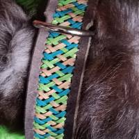 Hundehalsband, Büffelleder mit 3-farbiger Flechtung, natur, türkis, hellgrün (HH39) Bild 2