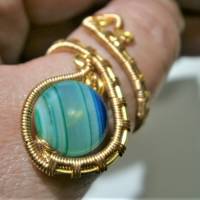 Ring mit Achat blau petrol gestreift handgewebt in goldfarben verstellbar Paisley boho Bild 5