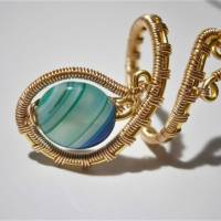 Ring mit Achat blau petrol gestreift handgewebt in goldfarben verstellbar Paisley boho Bild 6