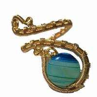 Ring mit Achat blau petrol gestreift handgewebt in goldfarben verstellbar Paisley boho Bild 8