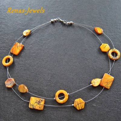 Perlmuttkette orange silberfarben zweireihig – Kurze Kette mit schimmernden Perlen & Karabiner