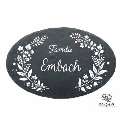 Schiefertürschild oval handbemalt Blumenranke WEISS, Schieferschild Familie personalisiert,Türschild Schiefer handbemalt