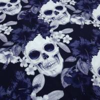 Baumwoll Jersey mit Totenköpfe Blumen Skulls marine blau grau weiß Helloween Skulls-Jersey made EU Meterware nähen Bild 1