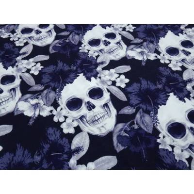 Baumwoll Jersey mit Totenköpfe Blumen Skulls marine blau grau weiß Helloween Skulls-Jersey made EU Meterware nähen