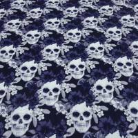 Baumwoll Jersey mit Totenköpfe Blumen Skulls marine blau grau weiß Helloween Skulls-Jersey made EU Meterware nähen Bild 3