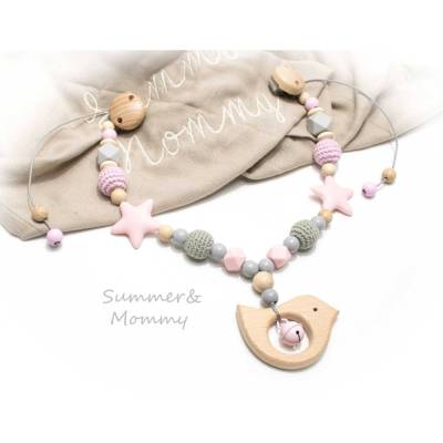 Kinderwagenkette Vögelchen Silikon Holz mit Namen Name Silikonsterne Wagenkette Mädchen