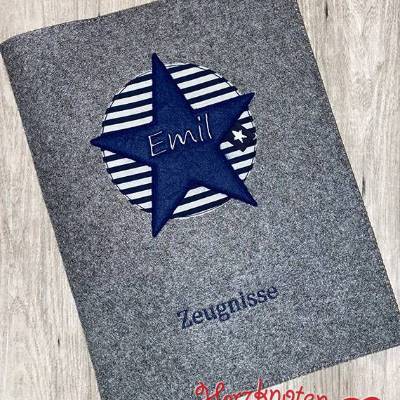 Zeugnis, Zeugnismappe, Zeugnishülle, Zeugnisse, gestickt, Filz, Stern im Kreis, Junge, Mädchen, personalisierbar