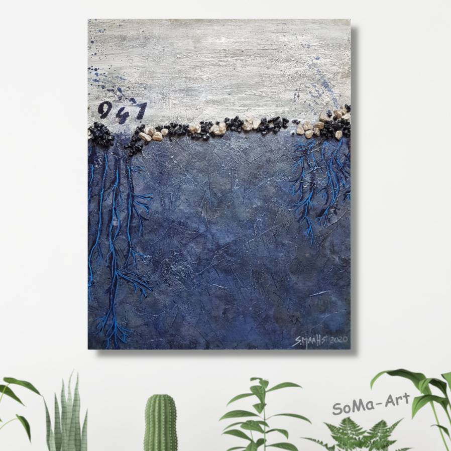 Acrylmalerei auf MDF Platte, abstrakte Landschaft mit Collageteilchen und Acrylstift in Blau, Wohnraumdekoration Bild 1