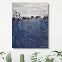 Acrylmalerei auf MDF Platte, abstrakte Landschaft mit Collageteilchen und Acrylstift in Blau, Wohnraumdekoration Bild 1