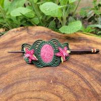 Makramee Haarspange "Pink Lily" mit Rhodonit und Holzstab Bild 2