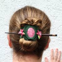 Makramee Haarspange "Pink Lily" mit Rhodonit und Holzstab Bild 7