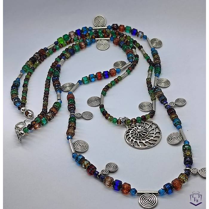 Tolles Schmuckset, 2 reihige Halskette und Armband mit tschechischen feuerpolierten Kathedrale Perlen bunt Bild 1