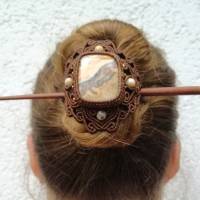 Makramee Haarspange mit Crazy Lace Achat und Holzstab Bild 10