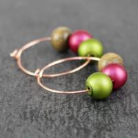 Creolen Ohrringe mit bunten Perlen, olivgrün, beere und braun, goldfarben Bild 1