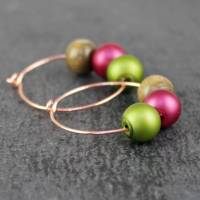 Creolen Ohrringe mit bunten Perlen, olivgrün, beere und braun, goldfarben Bild 2