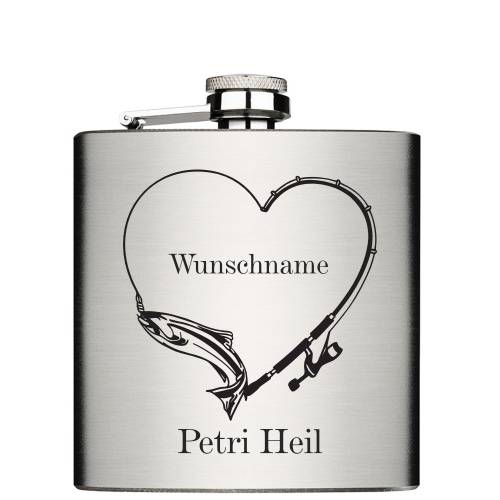 Petri Heil Fisch an der Angel mit Wunschname personalisierter Edelstahl Flachmann 6oz mit Lasergravur