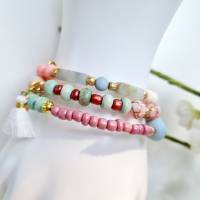 mehrreihiges Wickelarmband in sommerlichen Farben, rosa, mint, Naturtöne, helle Farben Bild 4