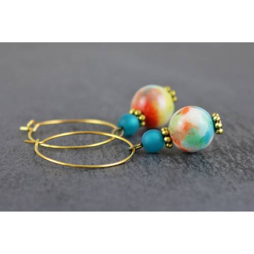 Sonnenuntergang auf Ozean, Creolen, Ohrringe mit Perlen, türkis, orange und gelb, goldfarben