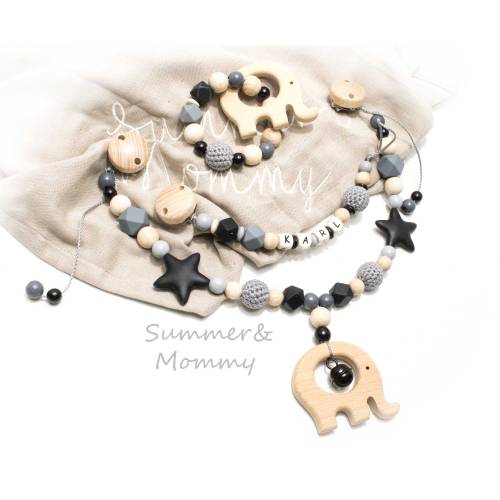 Kinderwagenkette Wagenkette einzeln oder als Spar Set grau schwarz natur Holz Elefant Greifling Schnullerkette