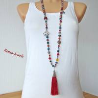 Bettelkette Kette lang bunt silberfarben mit Quasten Anhänger Perlenkette Bohokette Ethno Kette Bild 2