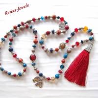 Bettelkette Kette lang bunt silberfarben mit Quasten Anhänger Perlenkette Bohokette Ethno Kette Bild 4