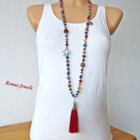 Bettelkette Kette lang bunt silberfarben mit Quasten Anhänger Perlenkette Bohokette Ethno Kette Bild 5