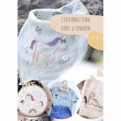 Digitale Stickanleitung "Dino & Einhorn" mit 2 Dinos, 2 Einhörnern, Schriftzügen und weiteren kleinen Motiven in
