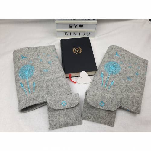 Individuelle Gotteslobhuelle aus Wollfilz, personalisiert bestickt, Pusteblumen