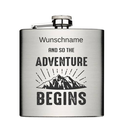 Adventure begins mit Wunschname personalisiert Edelstahl Flachmann 6oz mit Lasergravur