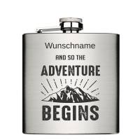 Adventure begins mit Wunschname personalisiert Edelstahl Flachmann 6oz mit Lasergravur Bild 1