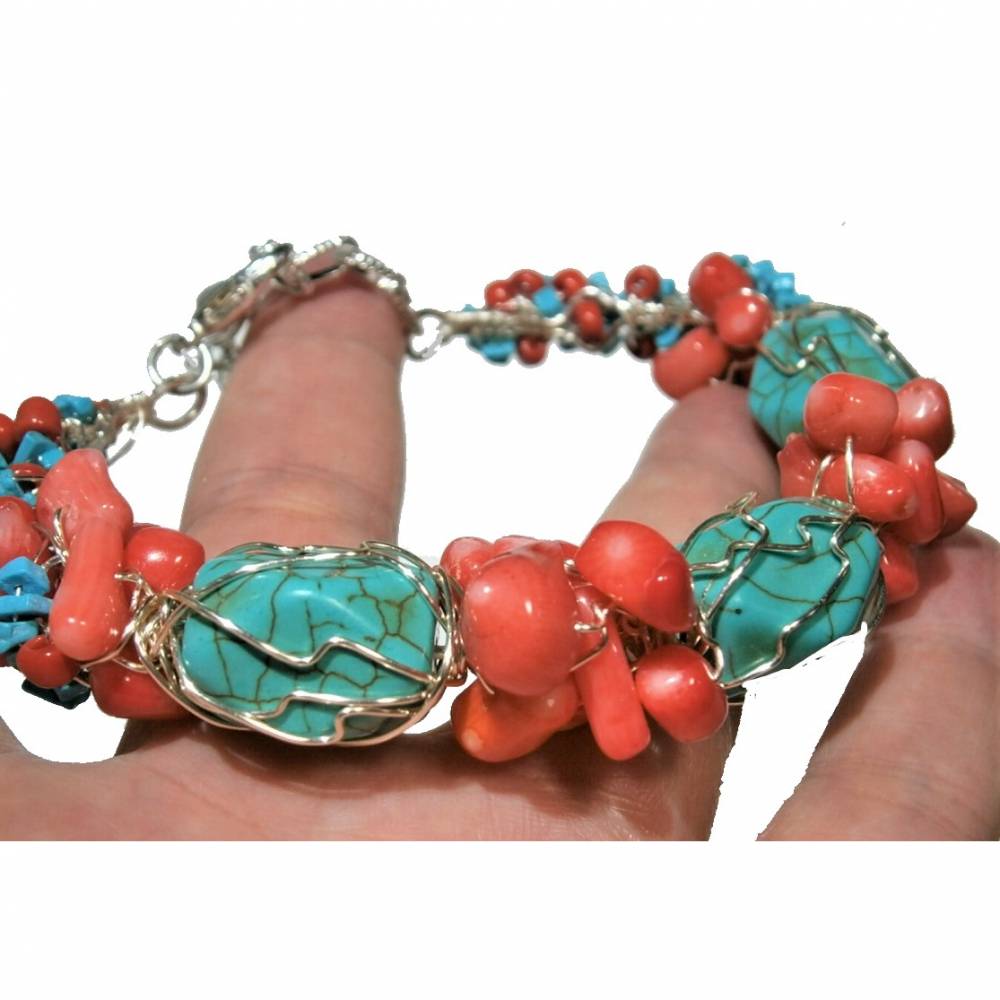 Armband Koralle Türkis Armreif verstellbar handgemacht wirework silberfarben boho handmade Bild 1