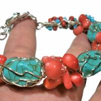 Armband Koralle Türkis Armreif verstellbar handgemacht wirework silberfarben boho handmade Bild 1