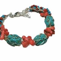 Armband Koralle Türkis Armreif verstellbar handgemacht wirework silberfarben boho handmade Bild 2