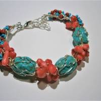 Armband Koralle Türkis Armreif verstellbar handgemacht wirework silberfarben boho handmade Bild 4